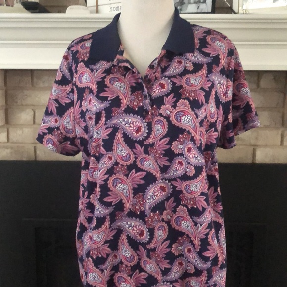 Land’s End Blue Pink Paisley Polo Style Shirt size Large Petite - Picture 2 of 9
